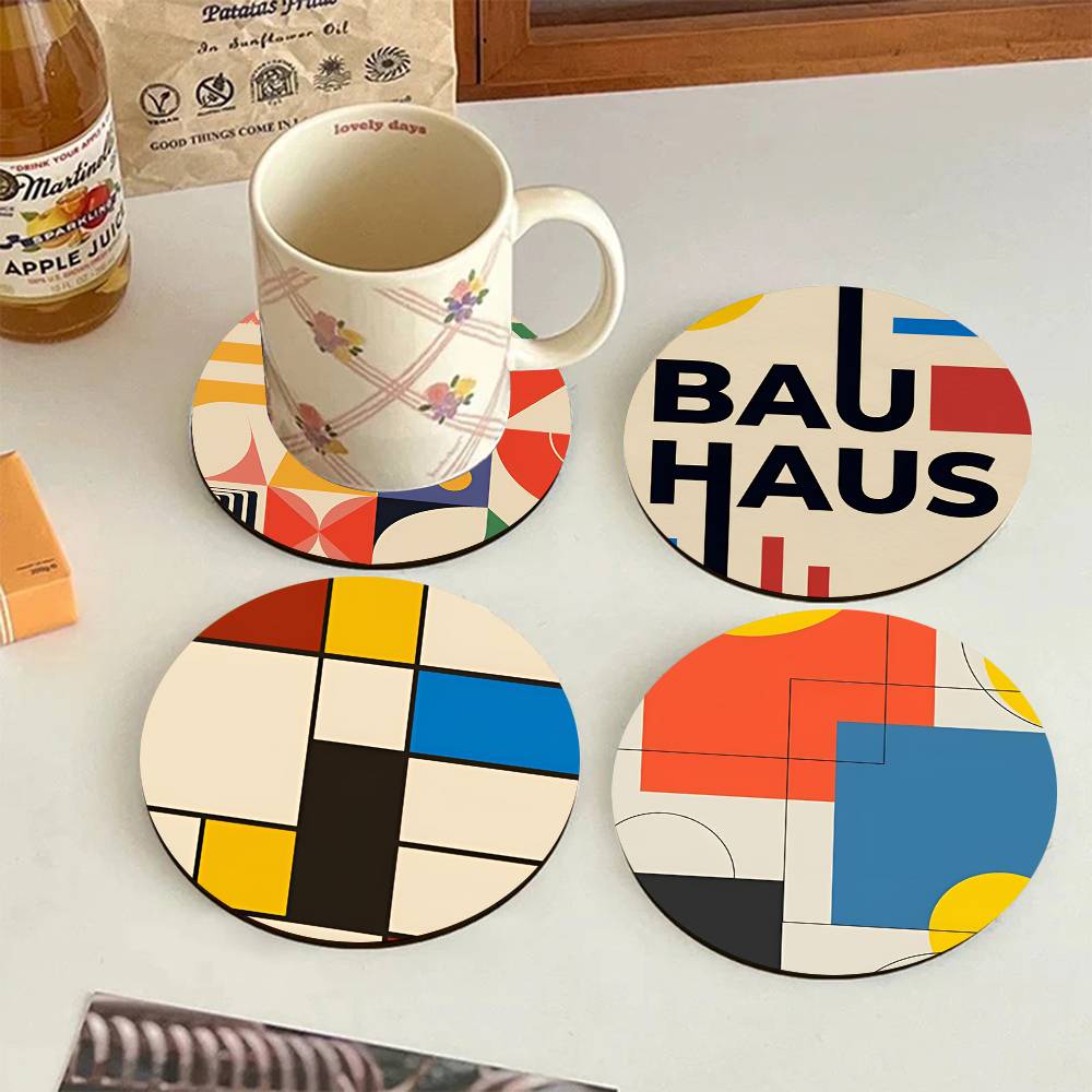 Marble Coaster Set - Abstract Bauhaus Round Wooden Coasters Suitable