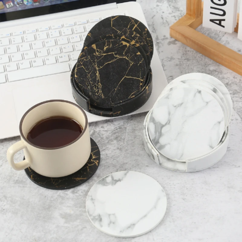 Marble Coaster Set - 6pcsMarble Coaster Artificial Leather 10cm Oil