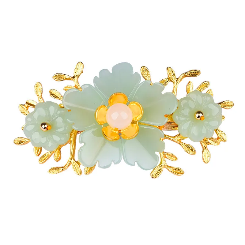 Gold Plated Jewelry - Green Jade Flower Barrette Designer Hairpin