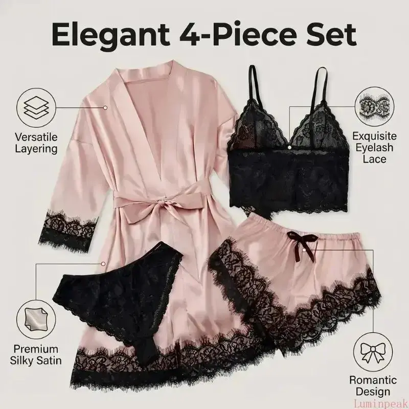 Women's 4-Piece Satin Pajama S - Luxury Gift Set recension och pris